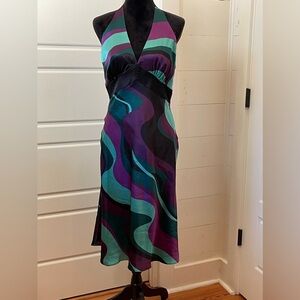 Laundry Shelli Segal Halter Midi Dress 100% silk size 12, feminine flirty fun